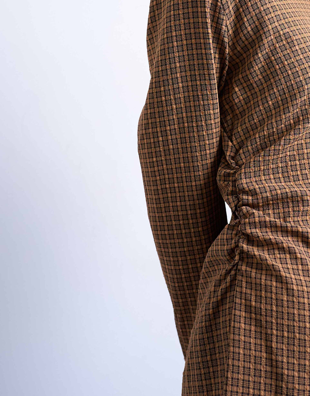 Topshop ruched side shirt dress in mini brown check