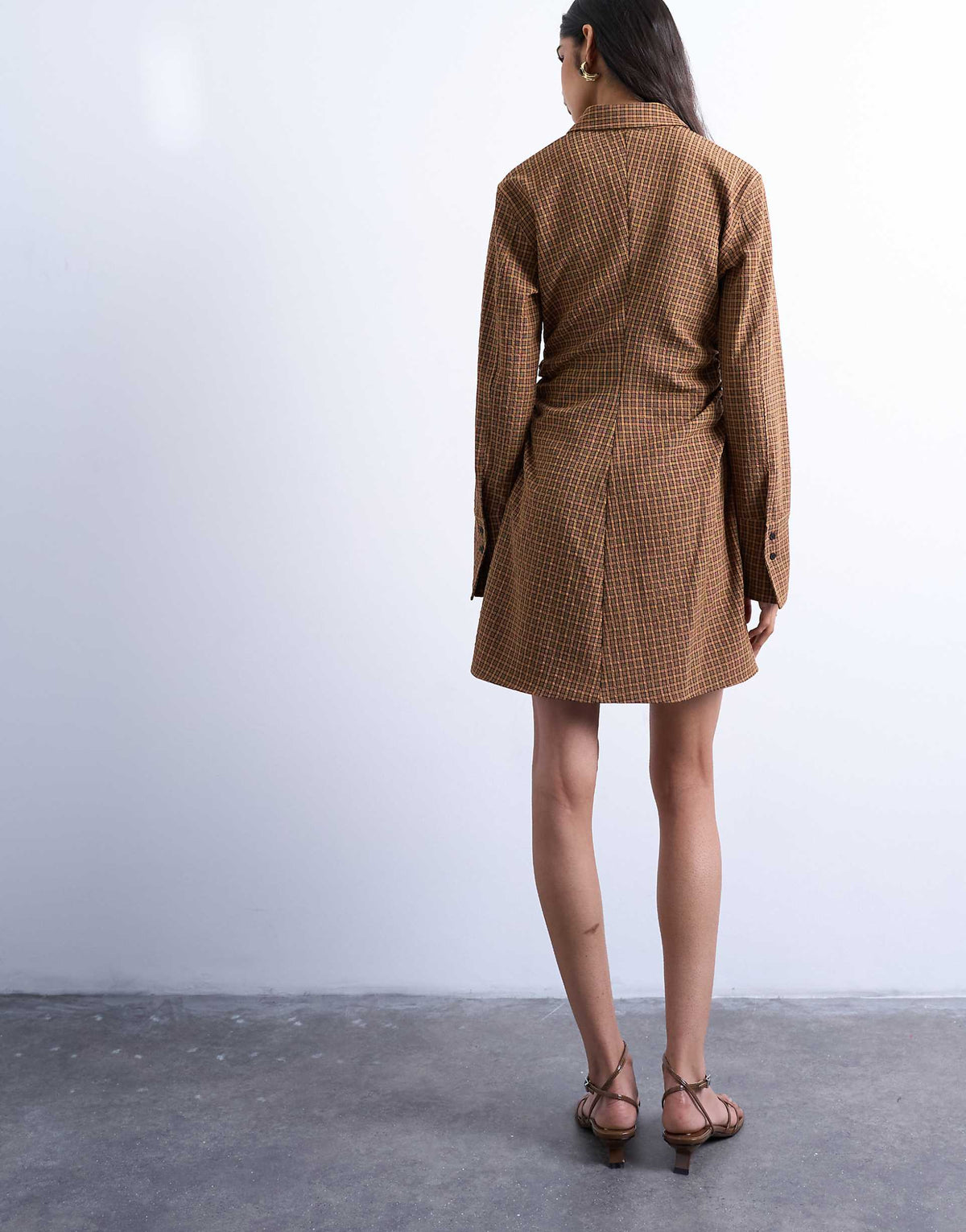 Topshop ruched side shirt dress in mini brown check