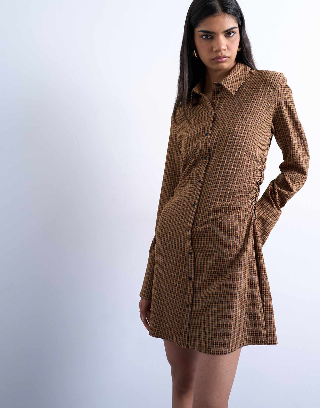 Topshop ruched side shirt dress in mini brown check