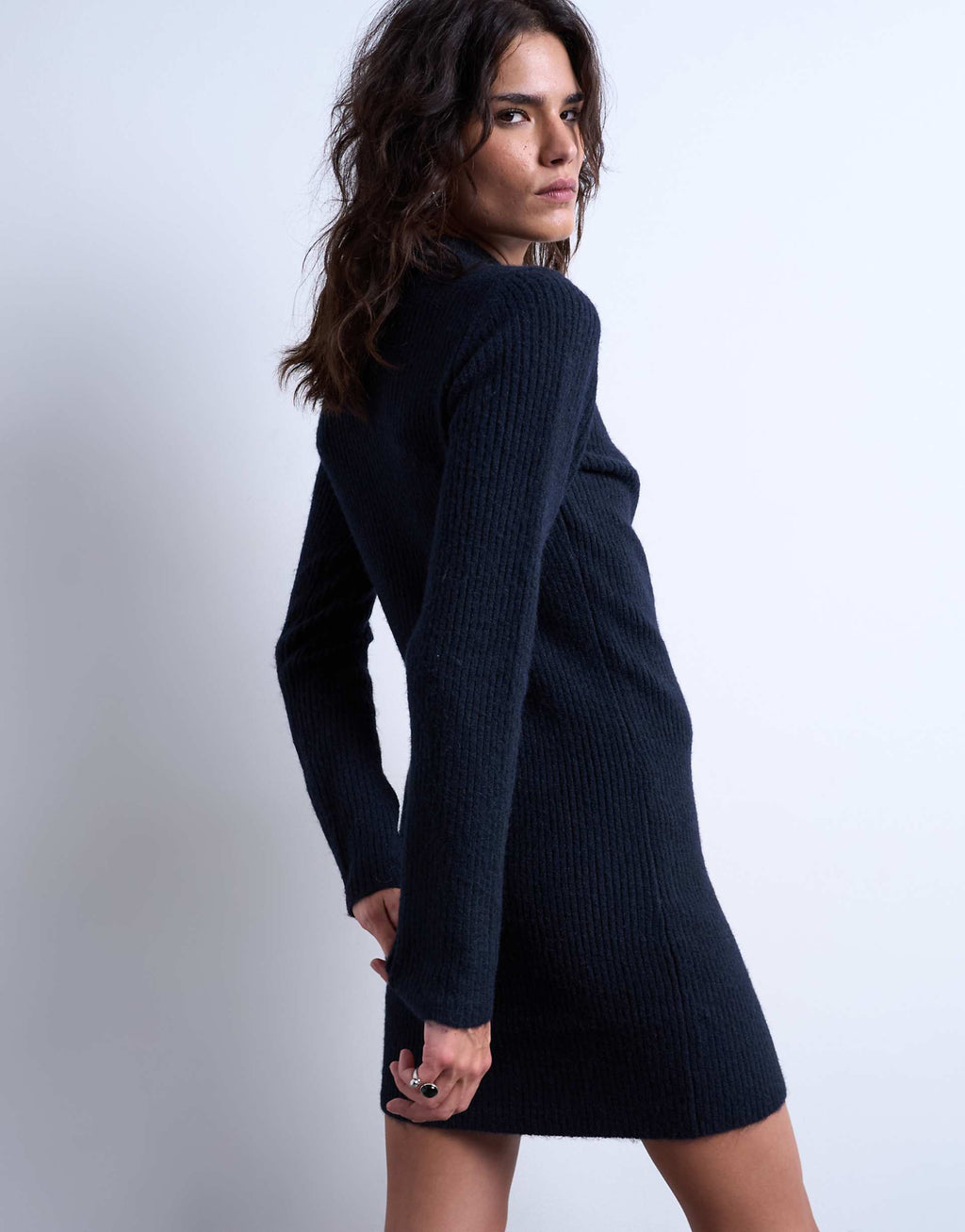 Topshop knit crew neck button up mini dress in navy