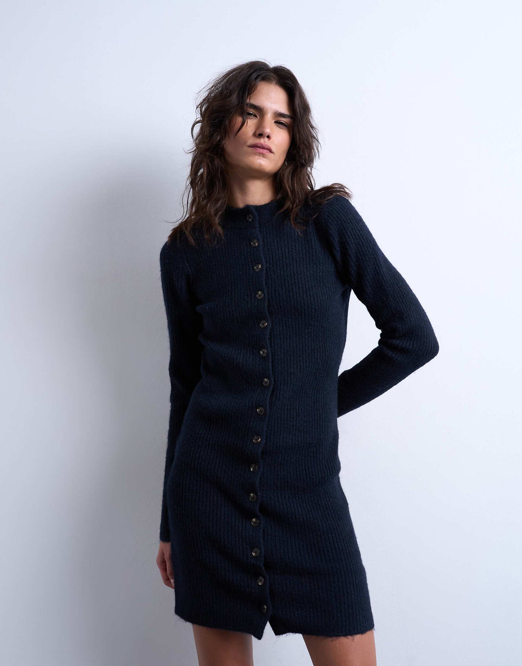 Topshop knit crew neck button up mini dress in navy