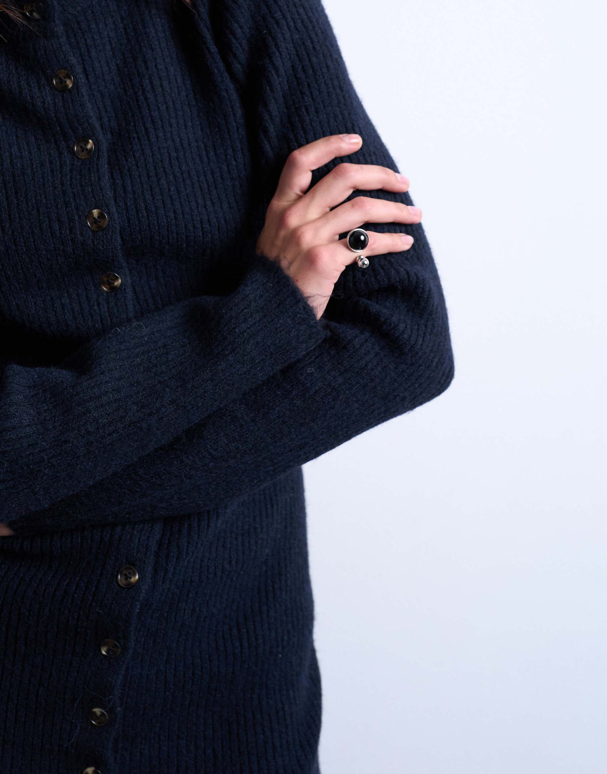 Topshop knit crew neck button up mini dress in navy
