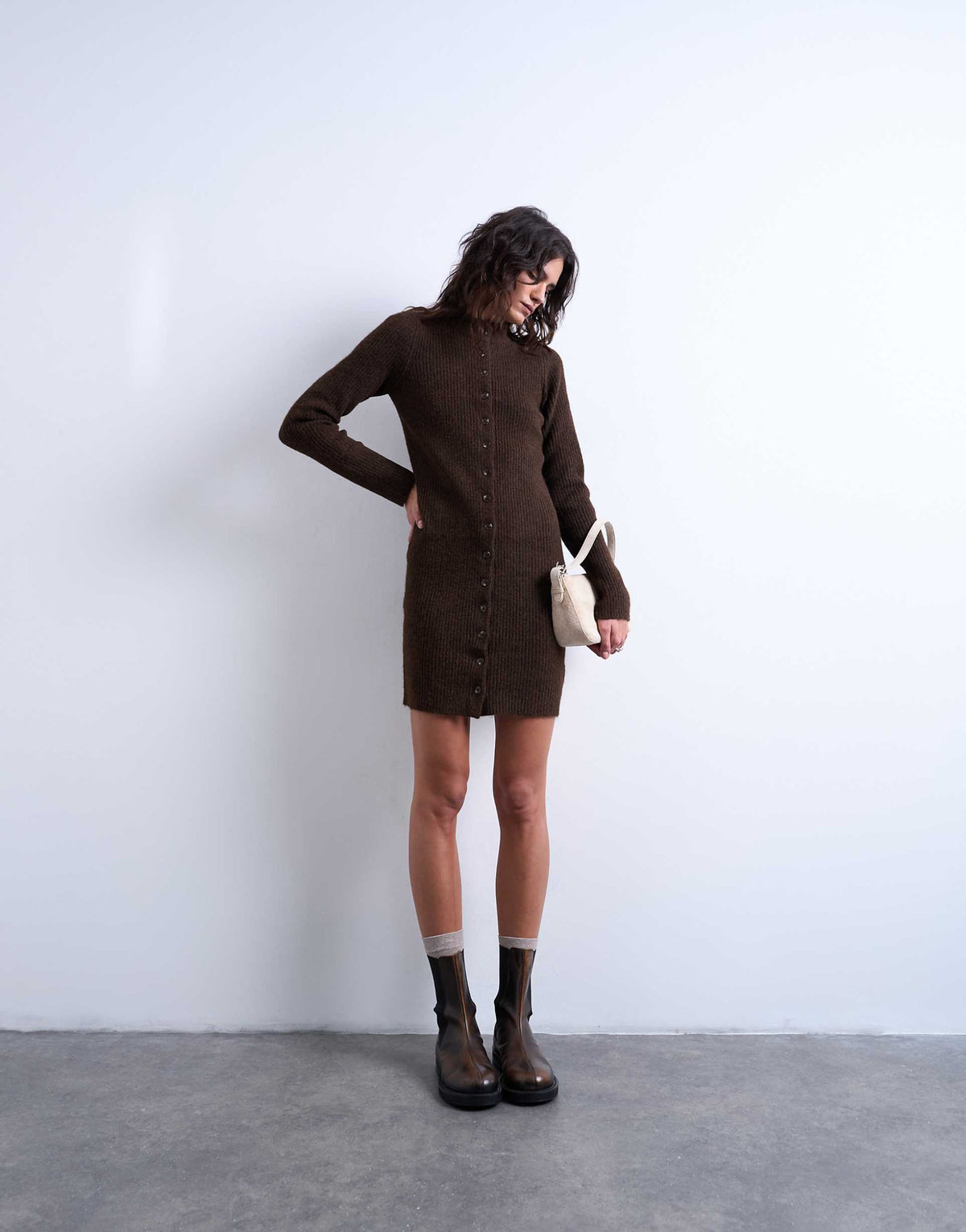 Topshop knit crew neck button up mini dress in chocolate