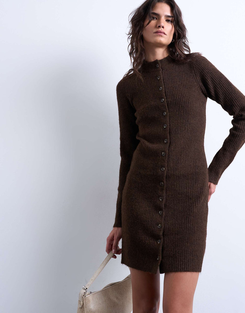 Topshop knit crew neck button up mini dress in chocolate