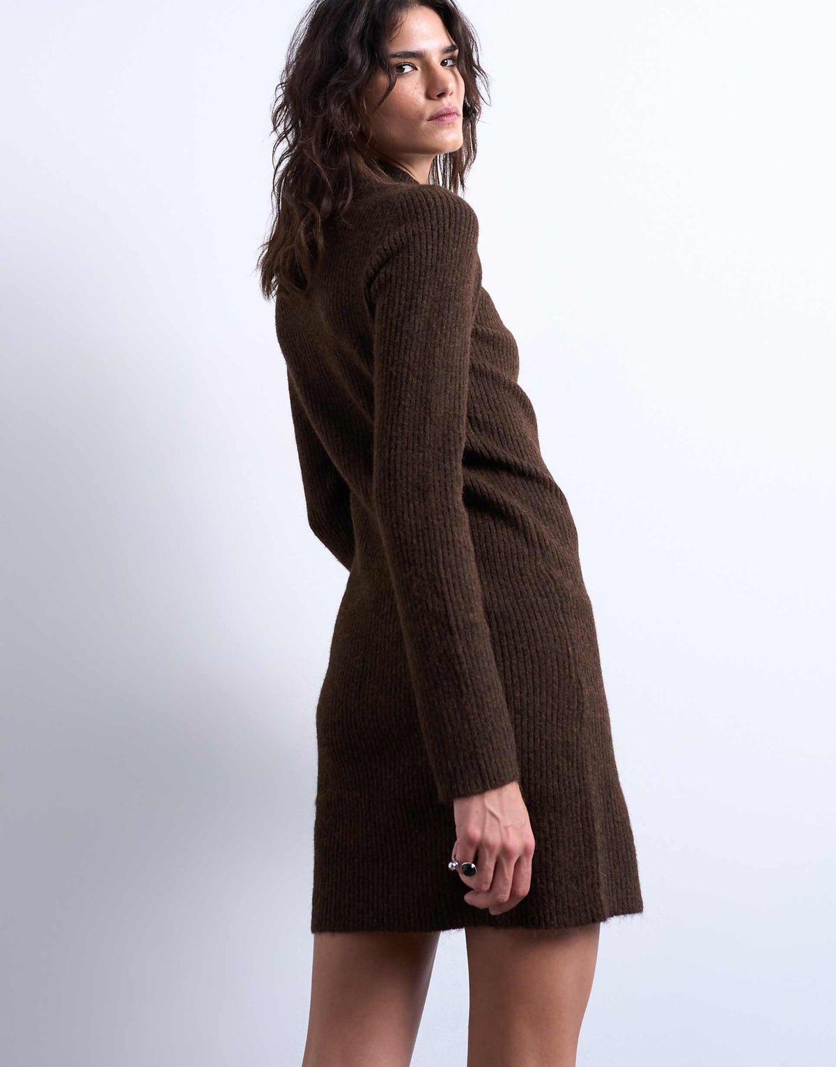 Topshop knit crew neck button up mini dress in chocolate