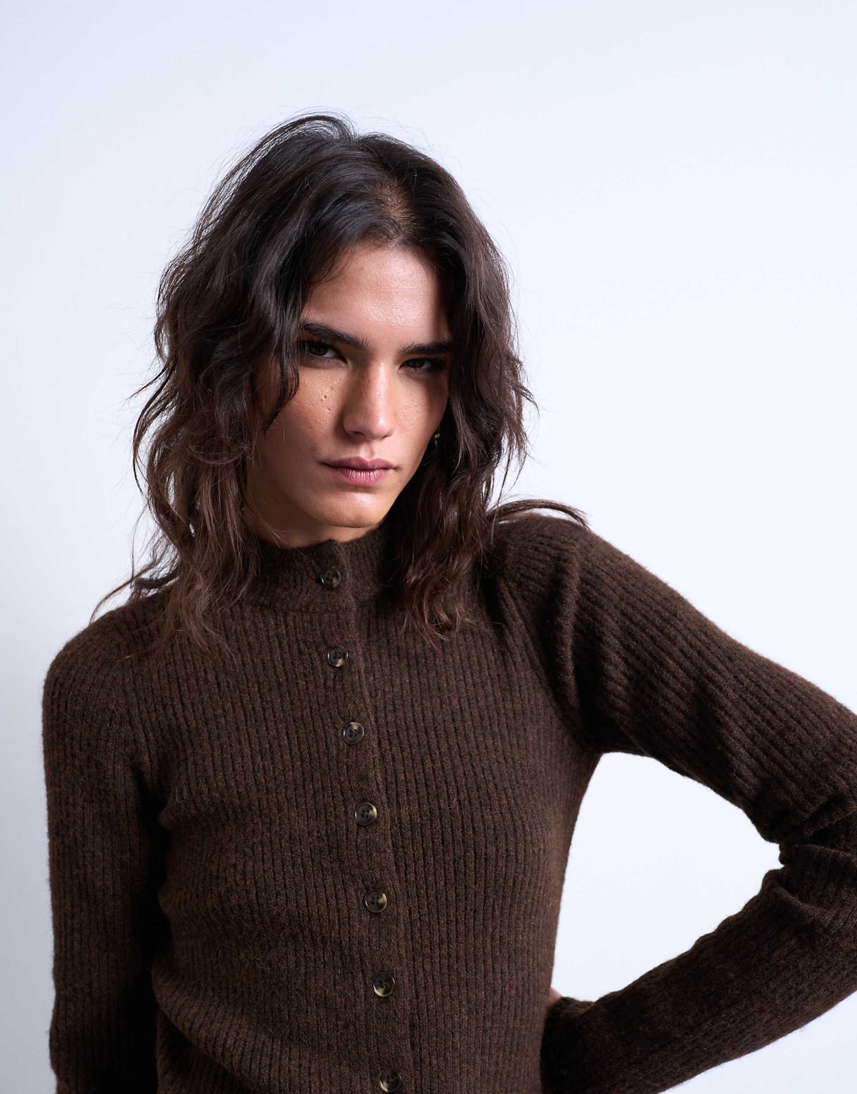 Topshop knit crew neck button up mini dress in chocolate