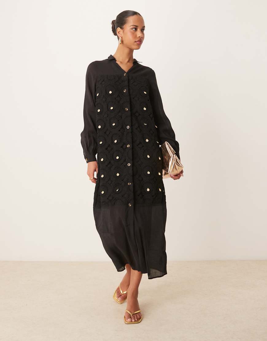 Never Fully Dressed crochet longline shirt dress in black