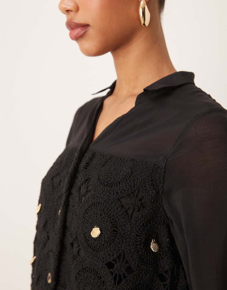 Never Fully Dressed crochet longline shirt dress in black