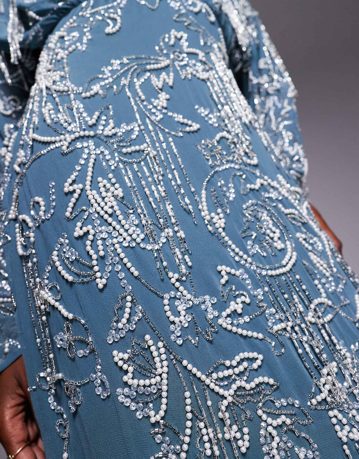 ASOS DESIGN long sleeve all over fringe embellished maxi dress in blue