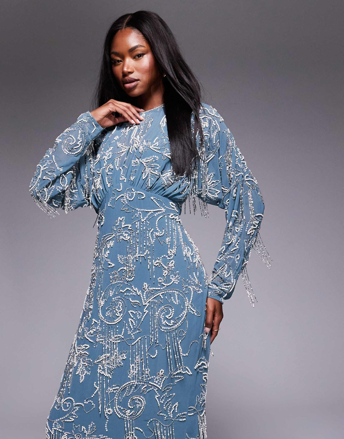 ASOS DESIGN long sleeve all over fringe embellished maxi dress in blue