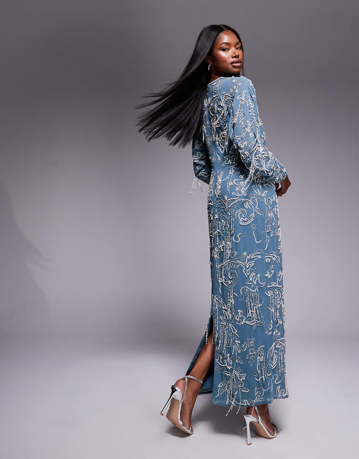 ASOS DESIGN long sleeve all over fringe embellished maxi dress in blue