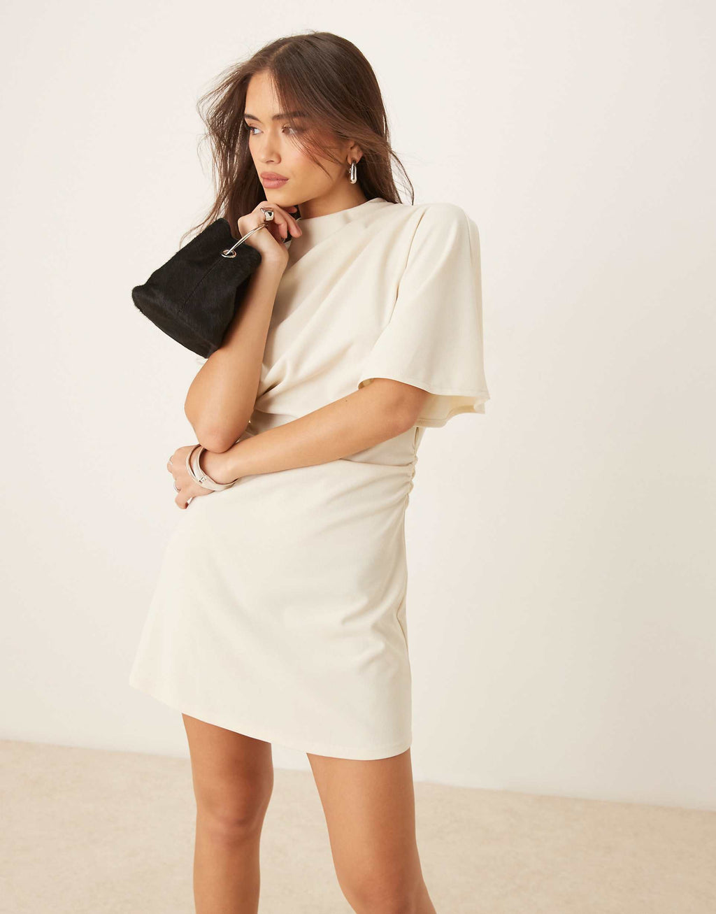 ASOS DESIGN flutter sleeve ruched side mini dress in white