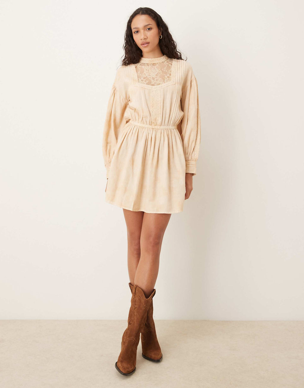 ASOS DESIGN tea stained high neck mini dress with panels and lace trim