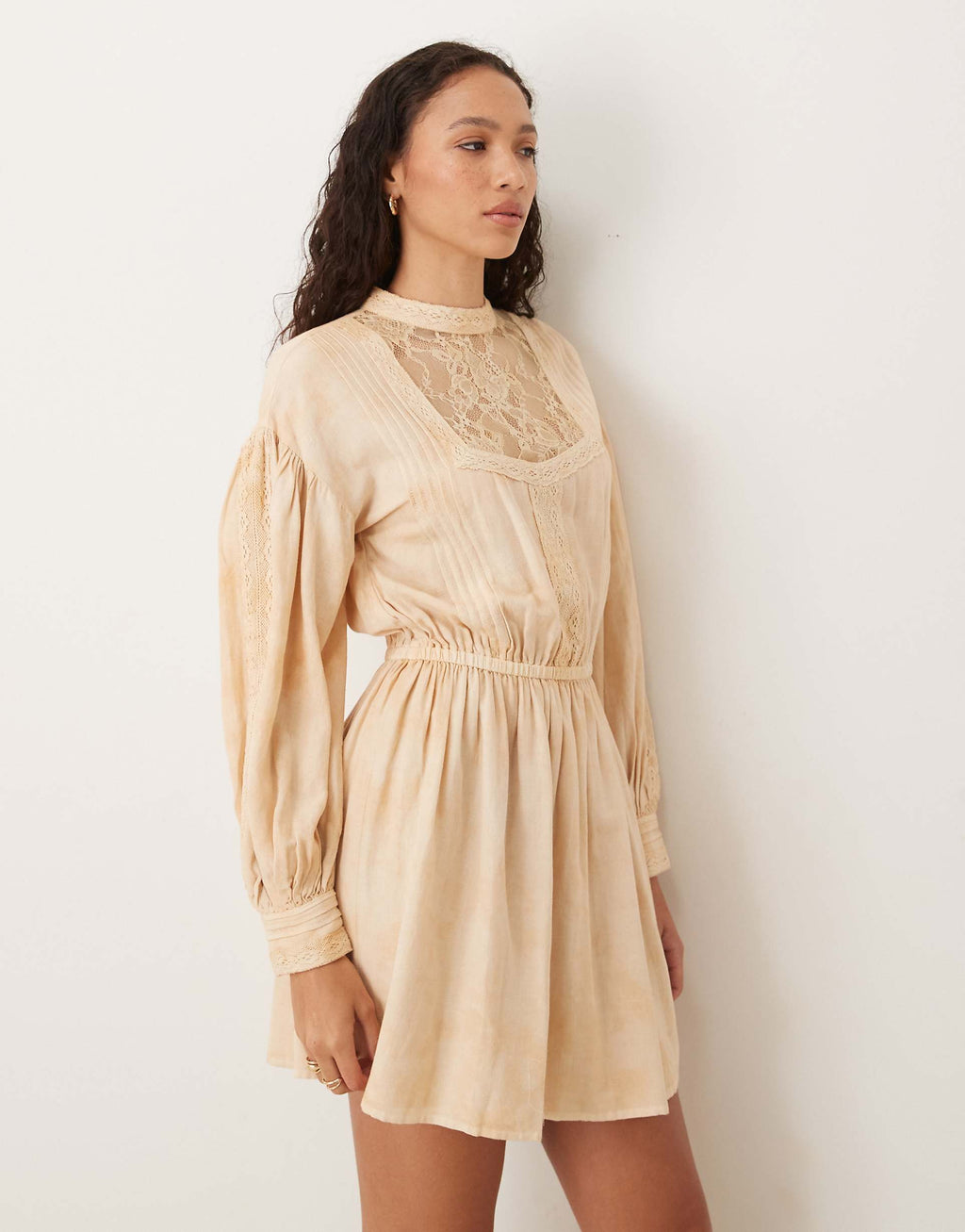 ASOS DESIGN tea stained high neck mini dress with panels and lace trim