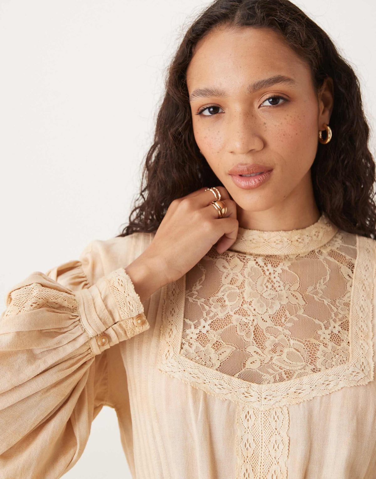 ASOS DESIGN tea stained high neck mini dress with panels and lace trim