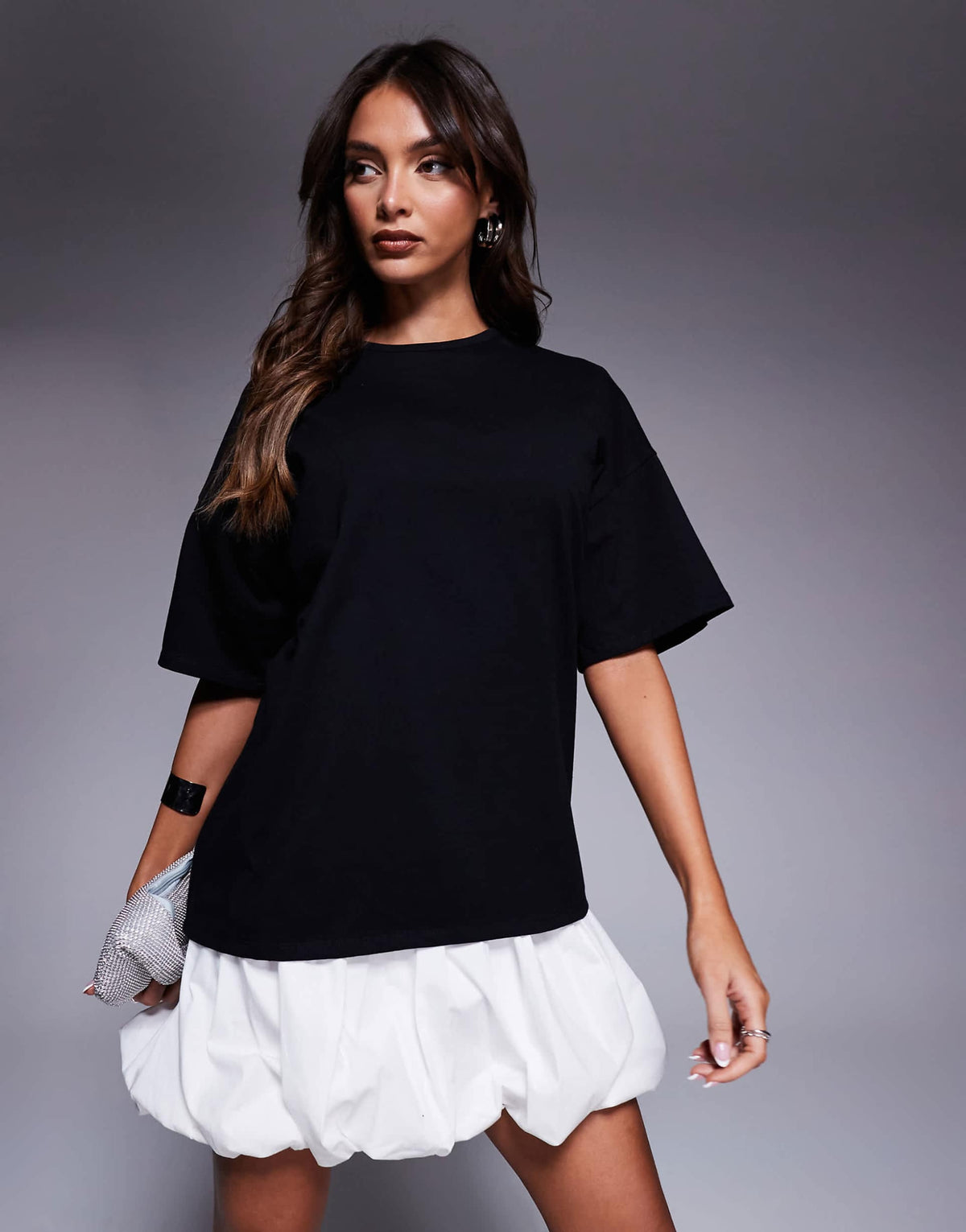 ASOS DESIGN 2-in-1 T-shirt bubble hem mini dress in black and white