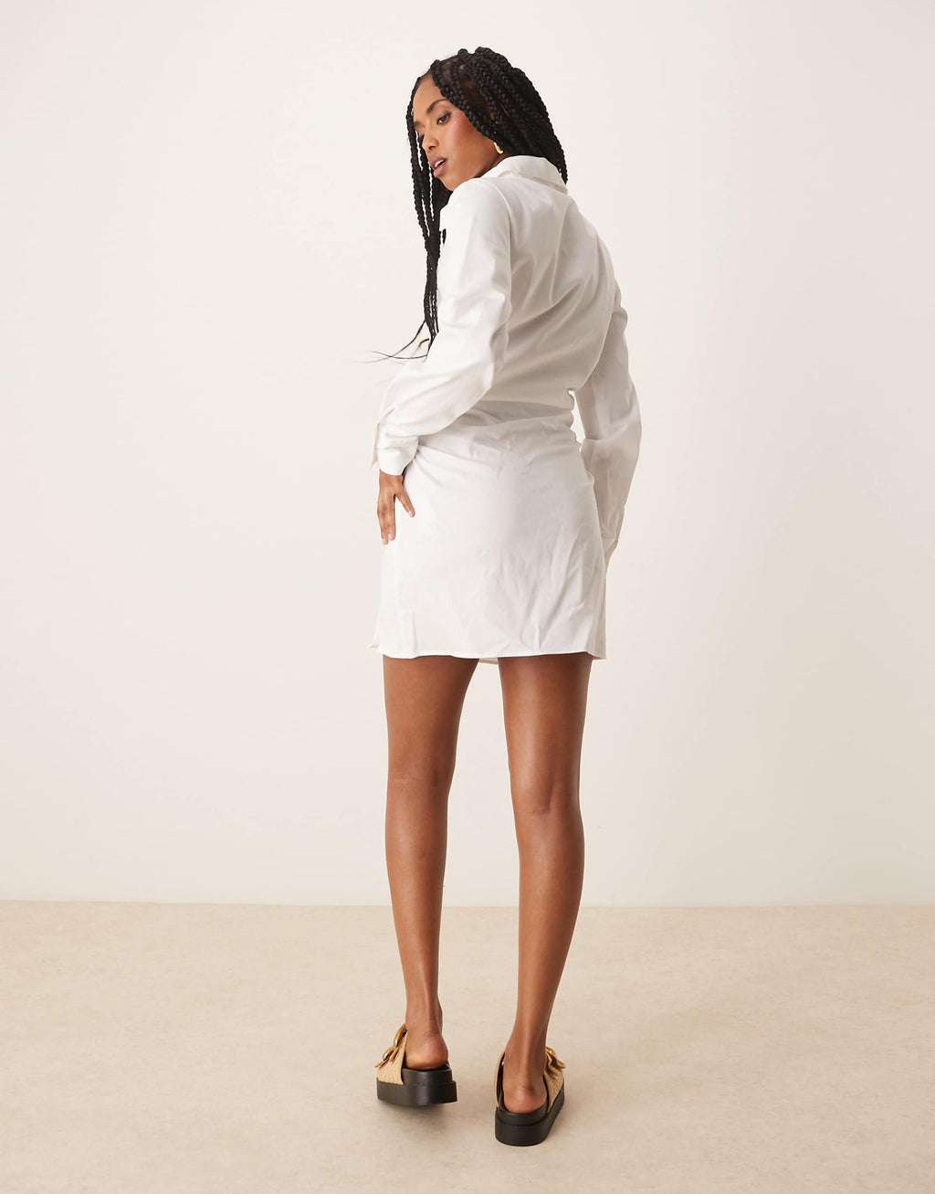 ASOS DESIGN cotton ruched waist shirt mini dress with flared sleeve in white