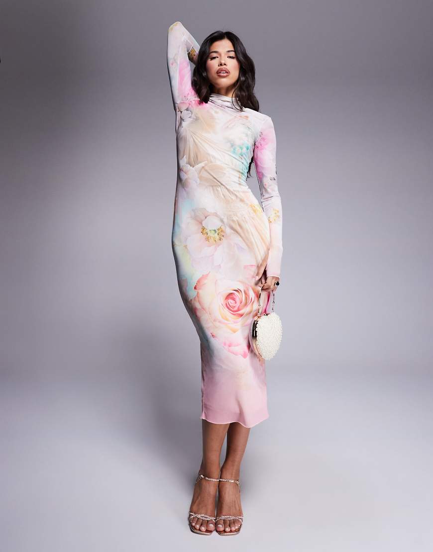 AFRM long sleeve turtleneck midi dress in pink floral