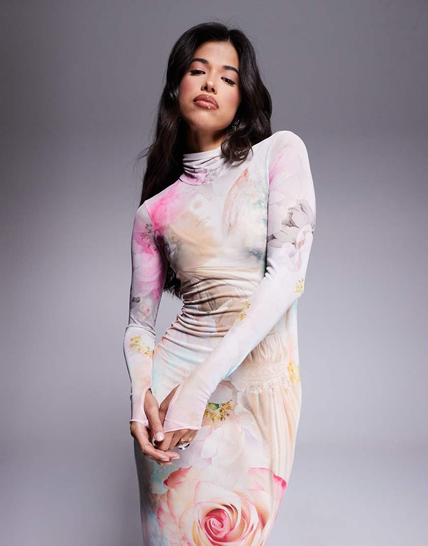 AFRM long sleeve turtleneck midi dress in pink floral