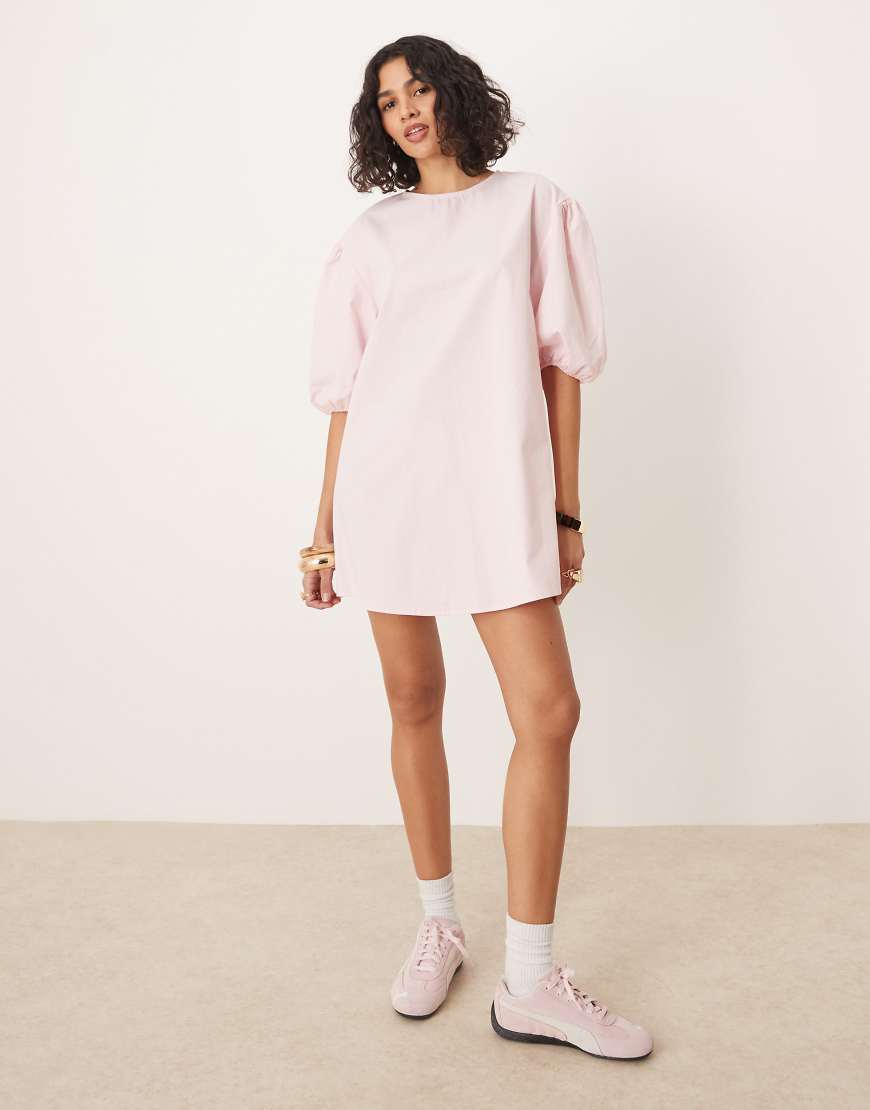 ASOS DESIGN cotton volume sleeve trapeze dress in pink