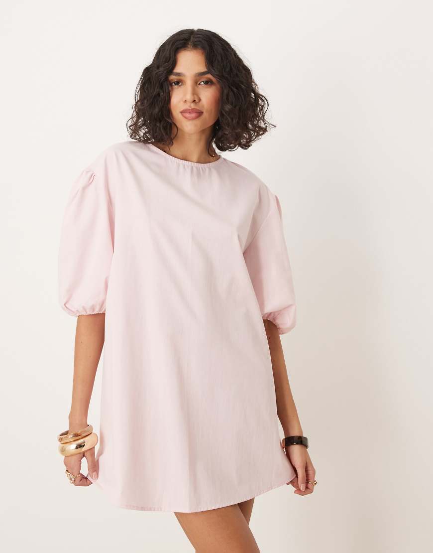 ASOS DESIGN cotton volume sleeve trapeze dress in pink