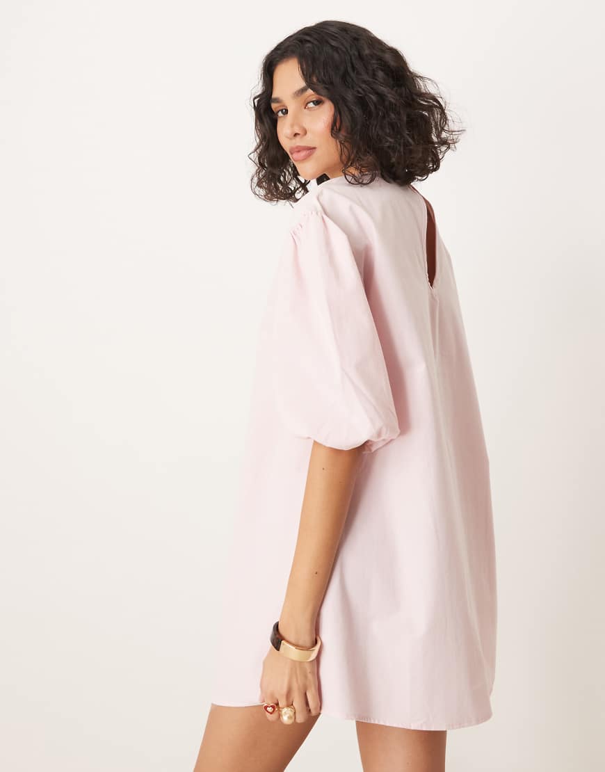 ASOS DESIGN cotton volume sleeve trapeze dress in pink