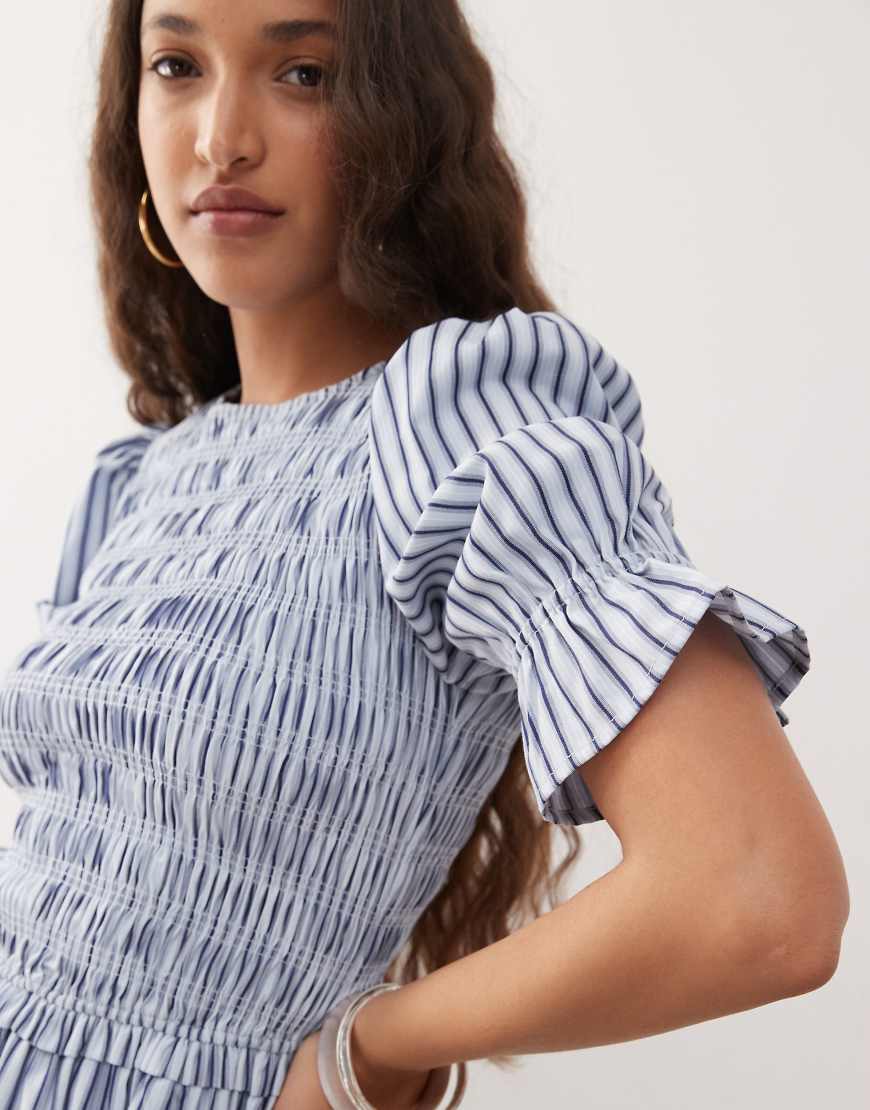 Amy Lynn puff sleeve cotton midi dress in blue stripe