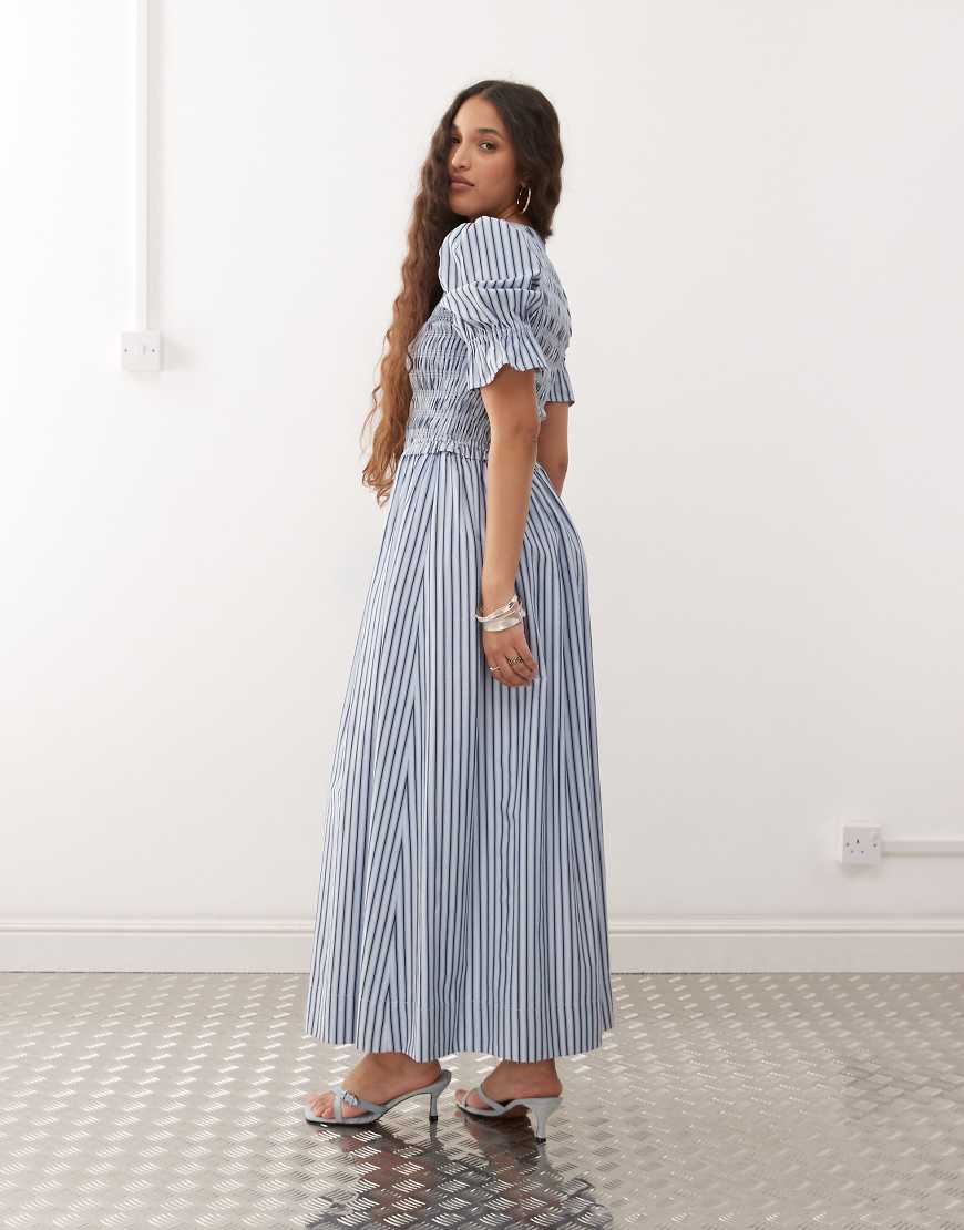 Amy Lynn puff sleeve cotton midi dress in blue stripe