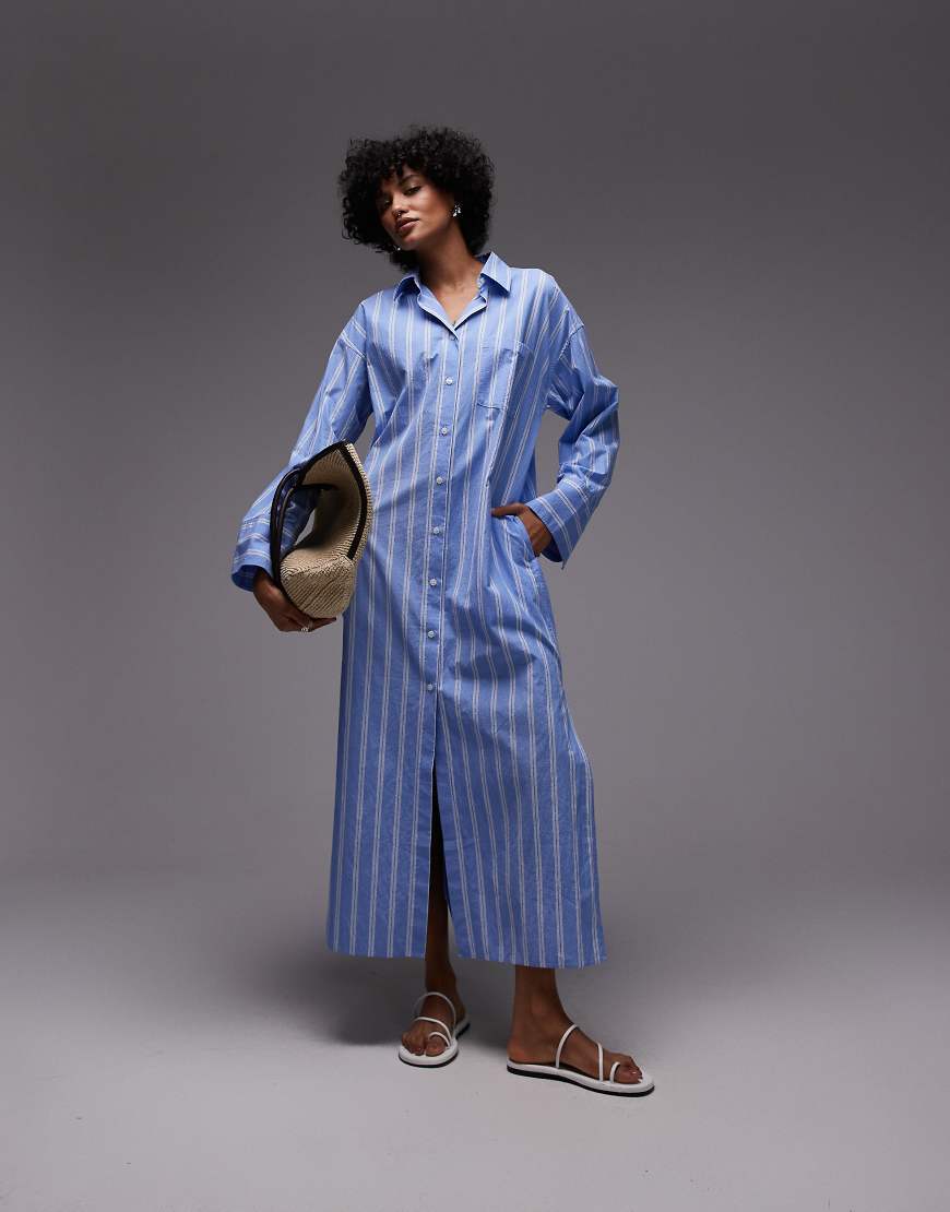 ARKET pure cotton maxi shirt dress with paneled sleeves and side slits in blue