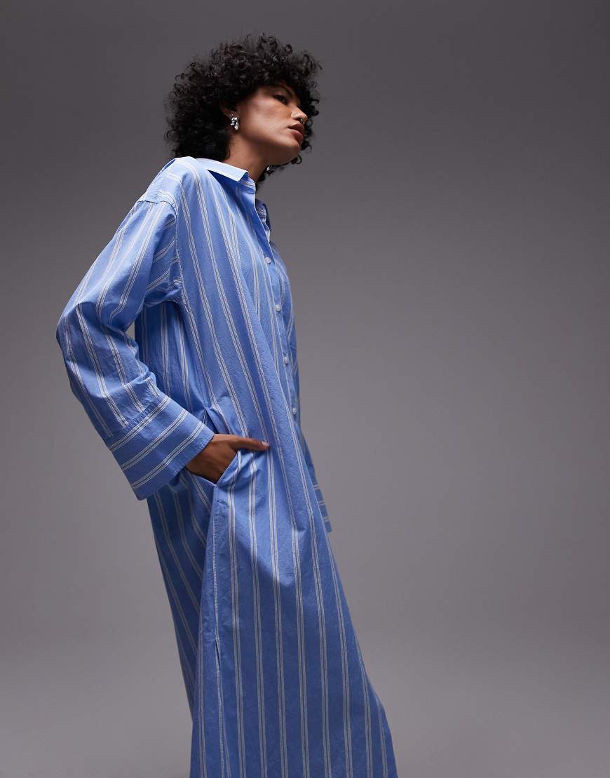 ARKET pure cotton maxi shirt dress with paneled sleeves and side slits in blue