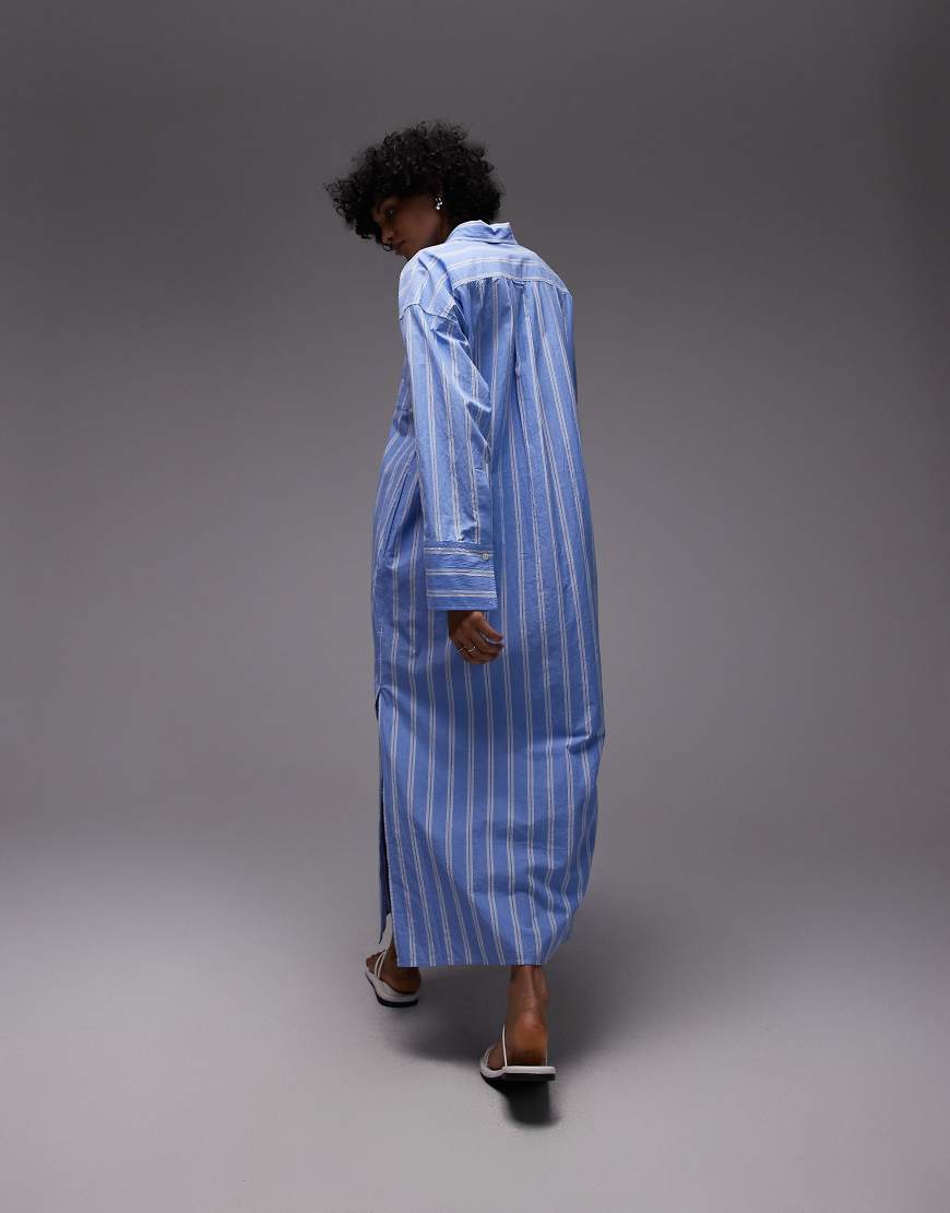 ARKET pure cotton maxi shirt dress with paneled sleeves and side slits in blue