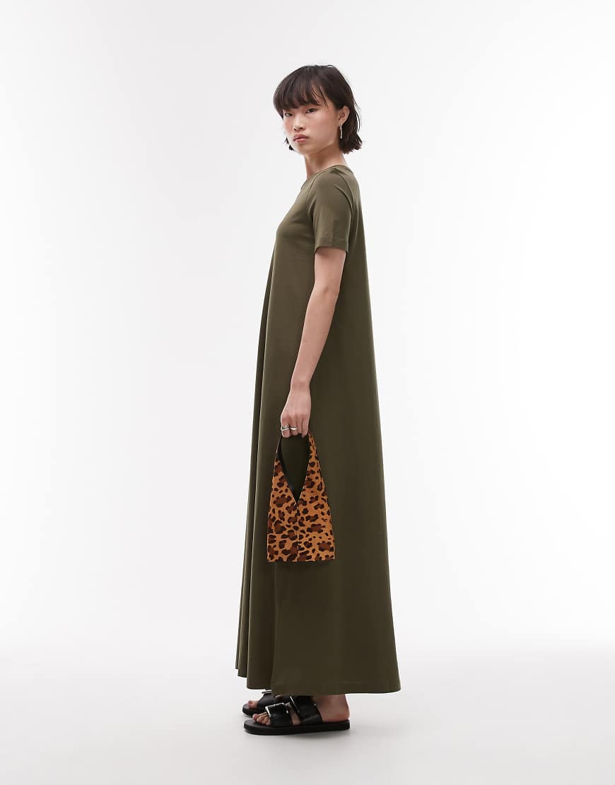ARKET pure cotton column maxi dress with short sleeves in khaki green