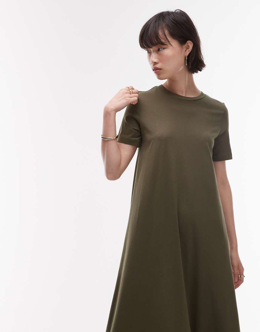 ARKET pure cotton column maxi dress with short sleeves in khaki green