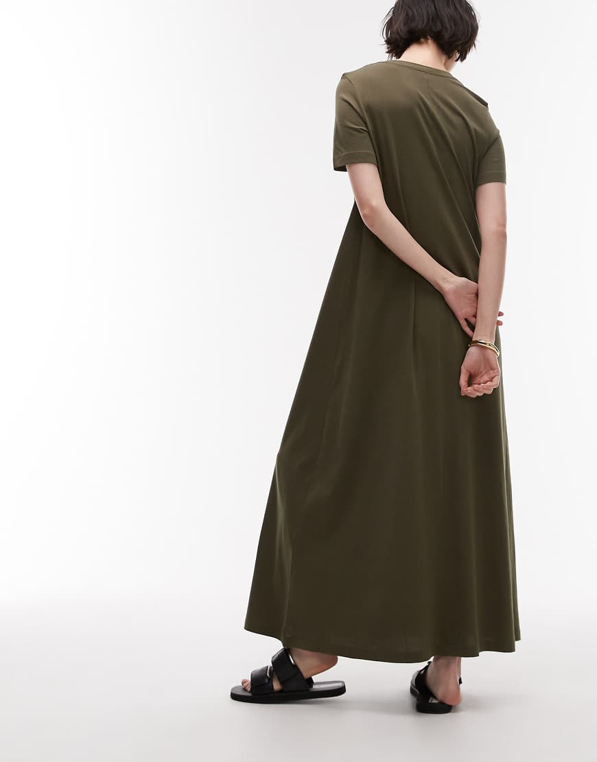 ARKET pure cotton column maxi dress with short sleeves in khaki green