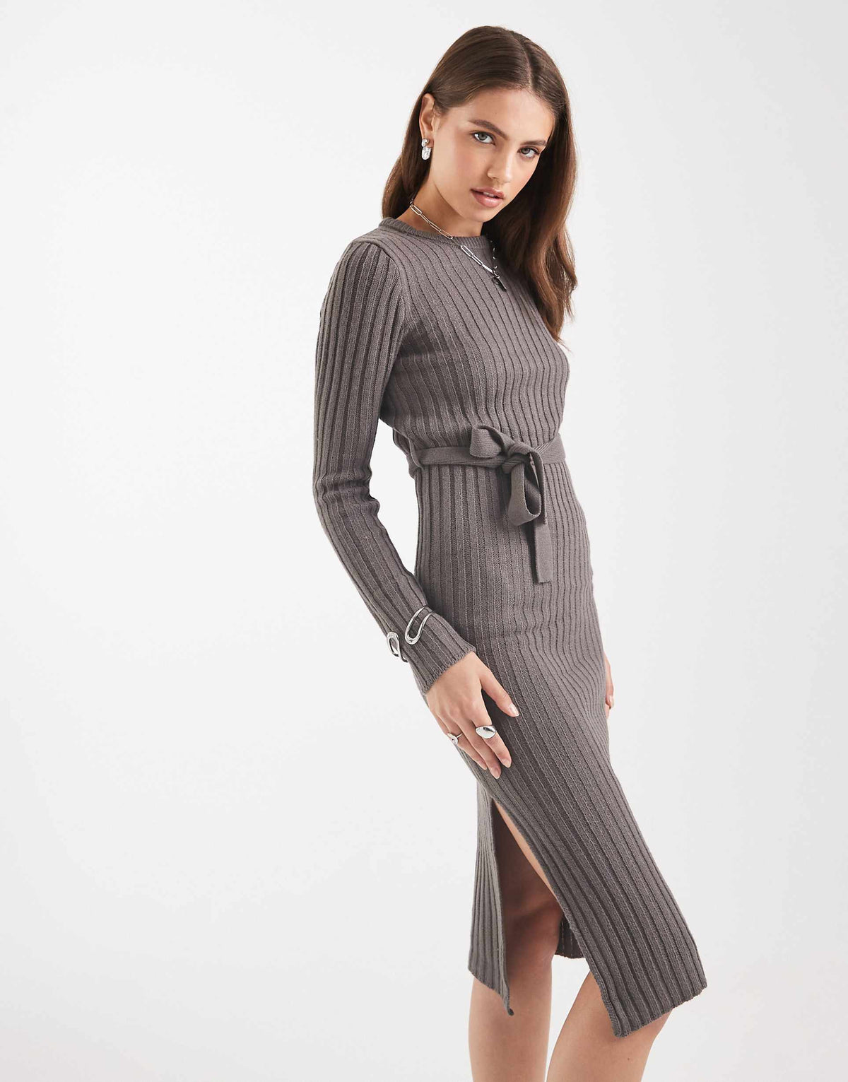 Brave Soul midi sweater dress with belt tie in charcoal gray