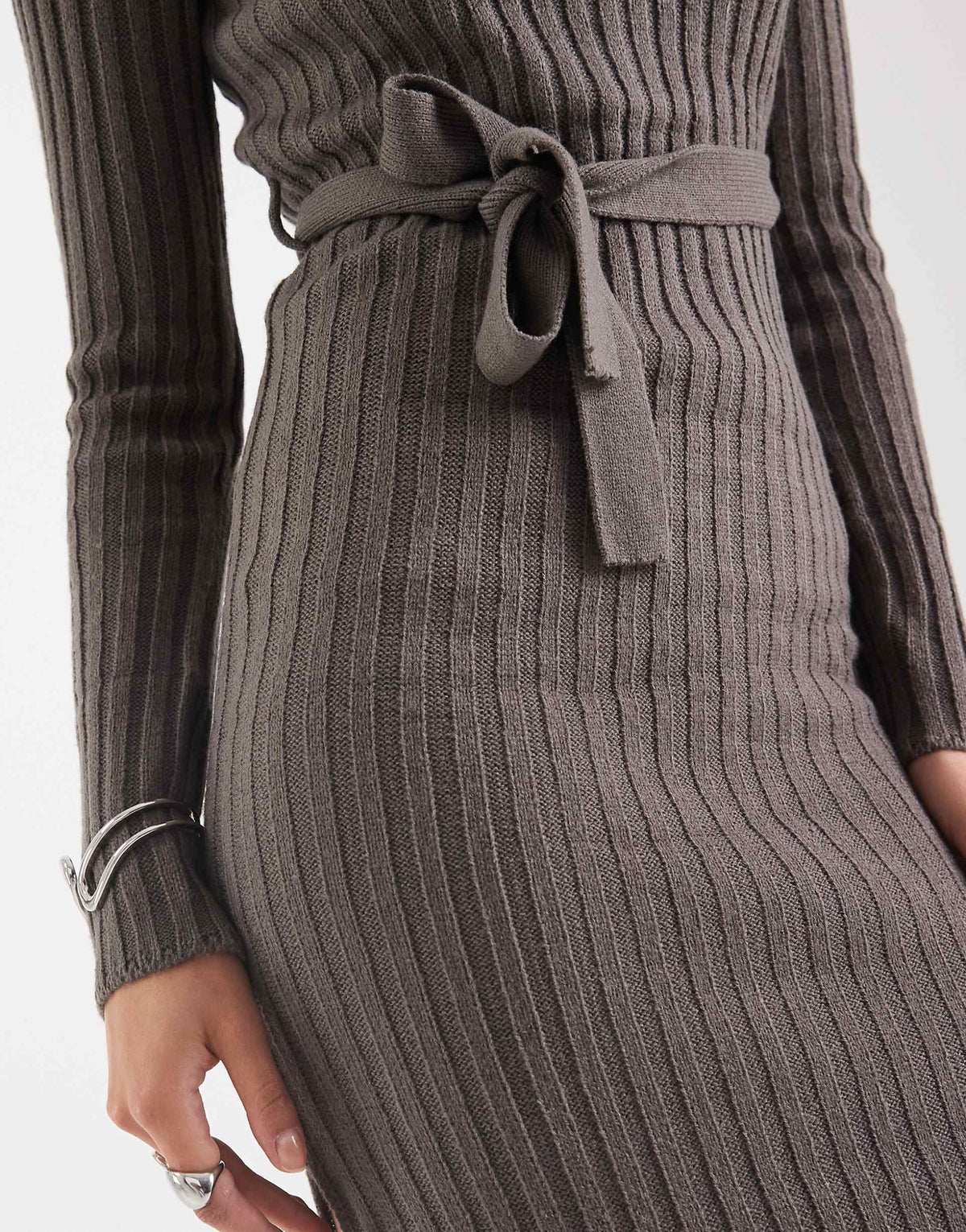 Brave Soul midi sweater dress with belt tie in charcoal gray