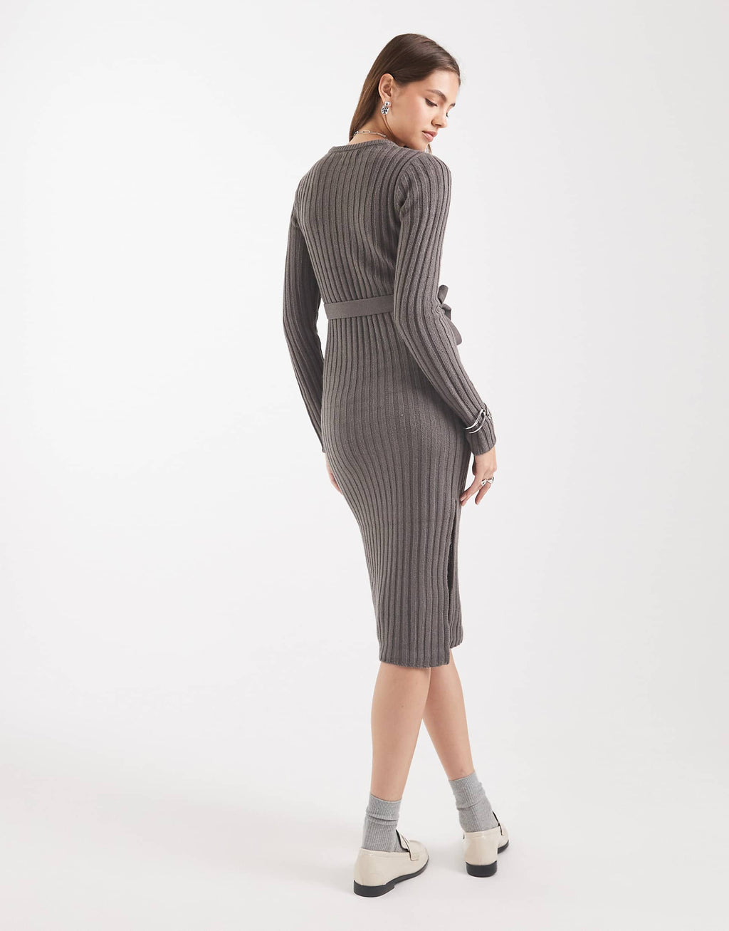 Brave Soul midi sweater dress with belt tie in charcoal gray