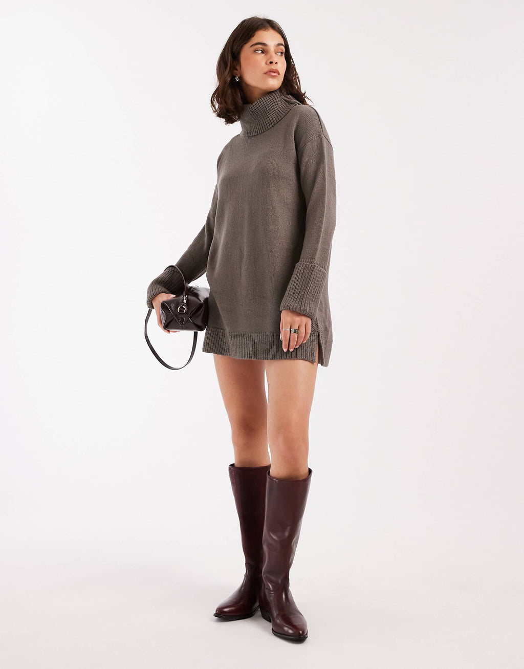 Brave Soul roll neck mini sweater dress in charcoal gray