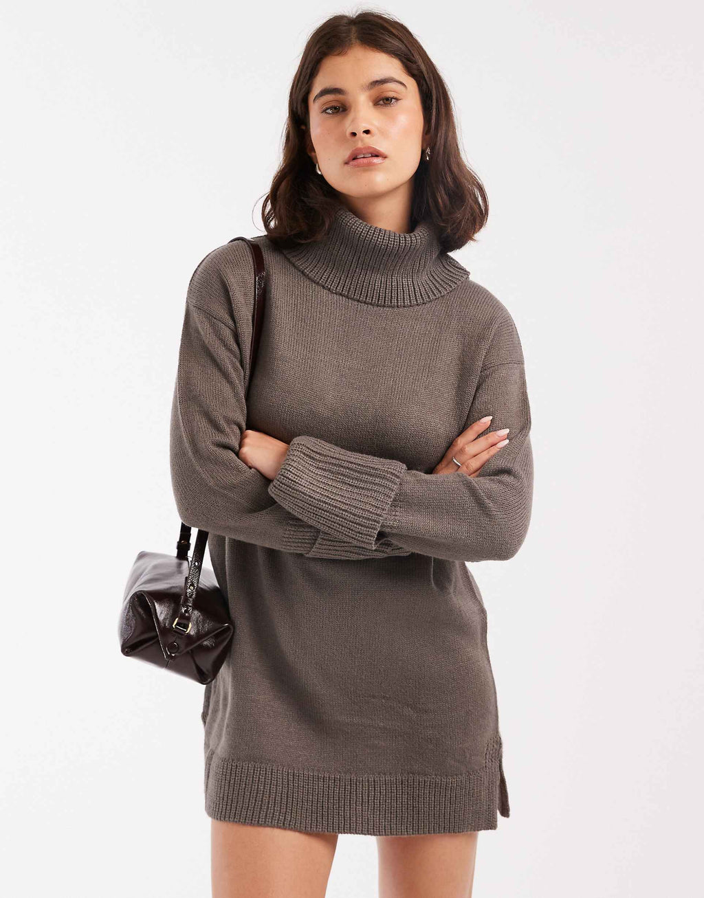 Brave Soul roll neck mini sweater dress in charcoal gray