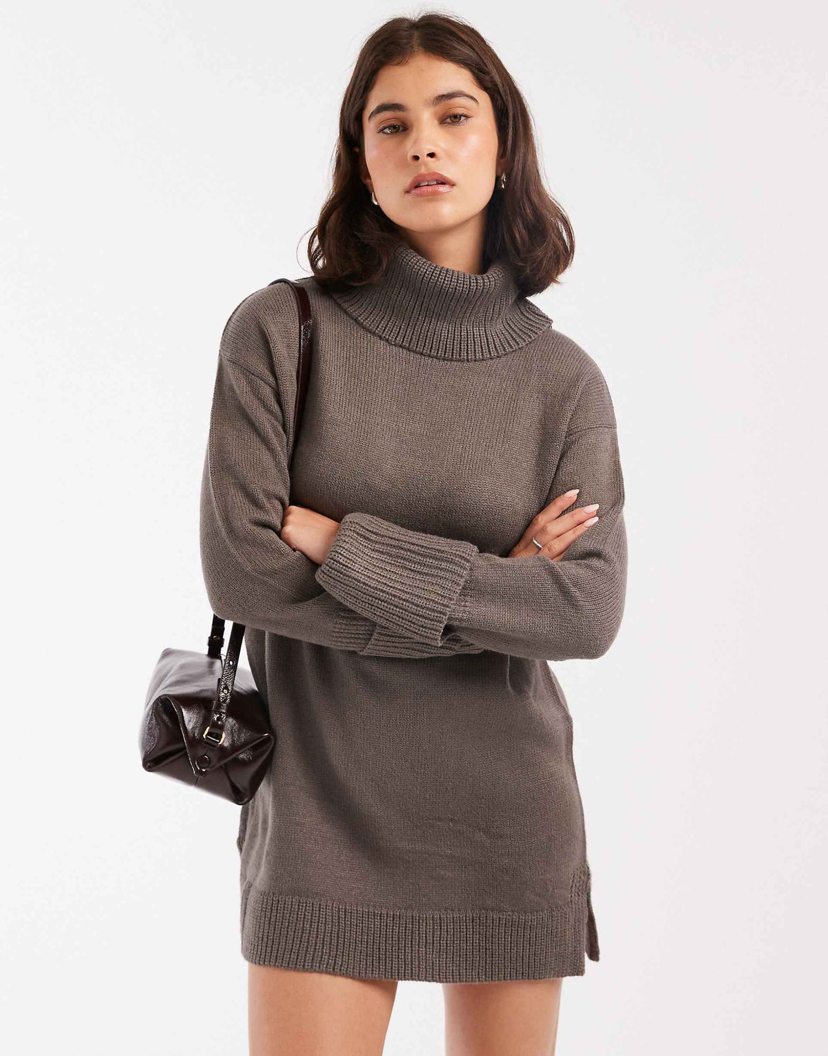 Brave Soul roll neck mini sweater dress in charcoal gray