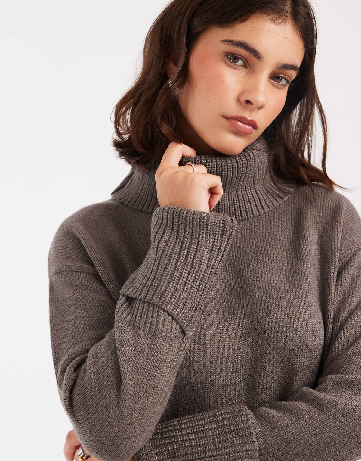 Brave Soul roll neck mini sweater dress in charcoal gray