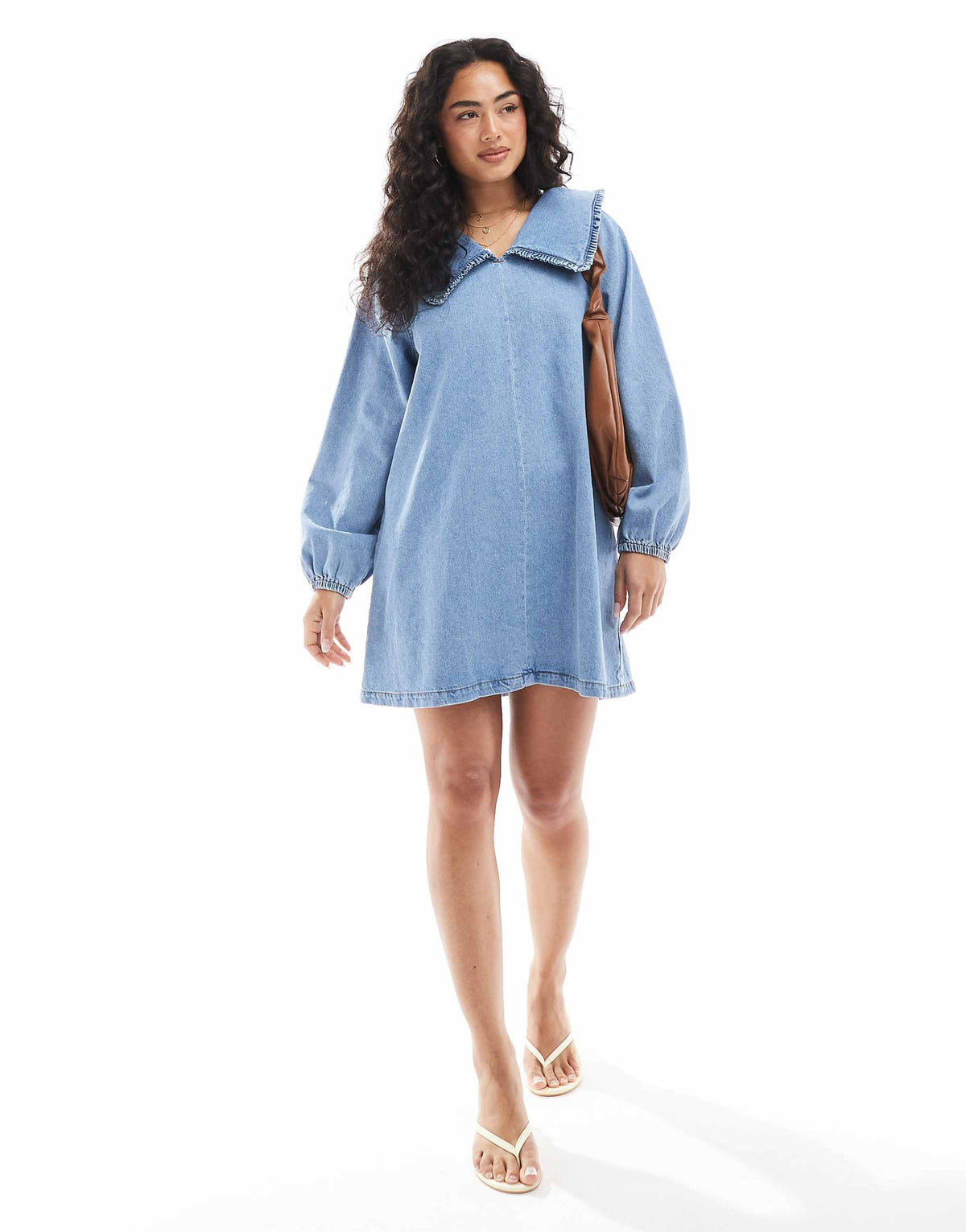 ASOS DESIGN denim mini dress with oversized ruffle collar in mid blue