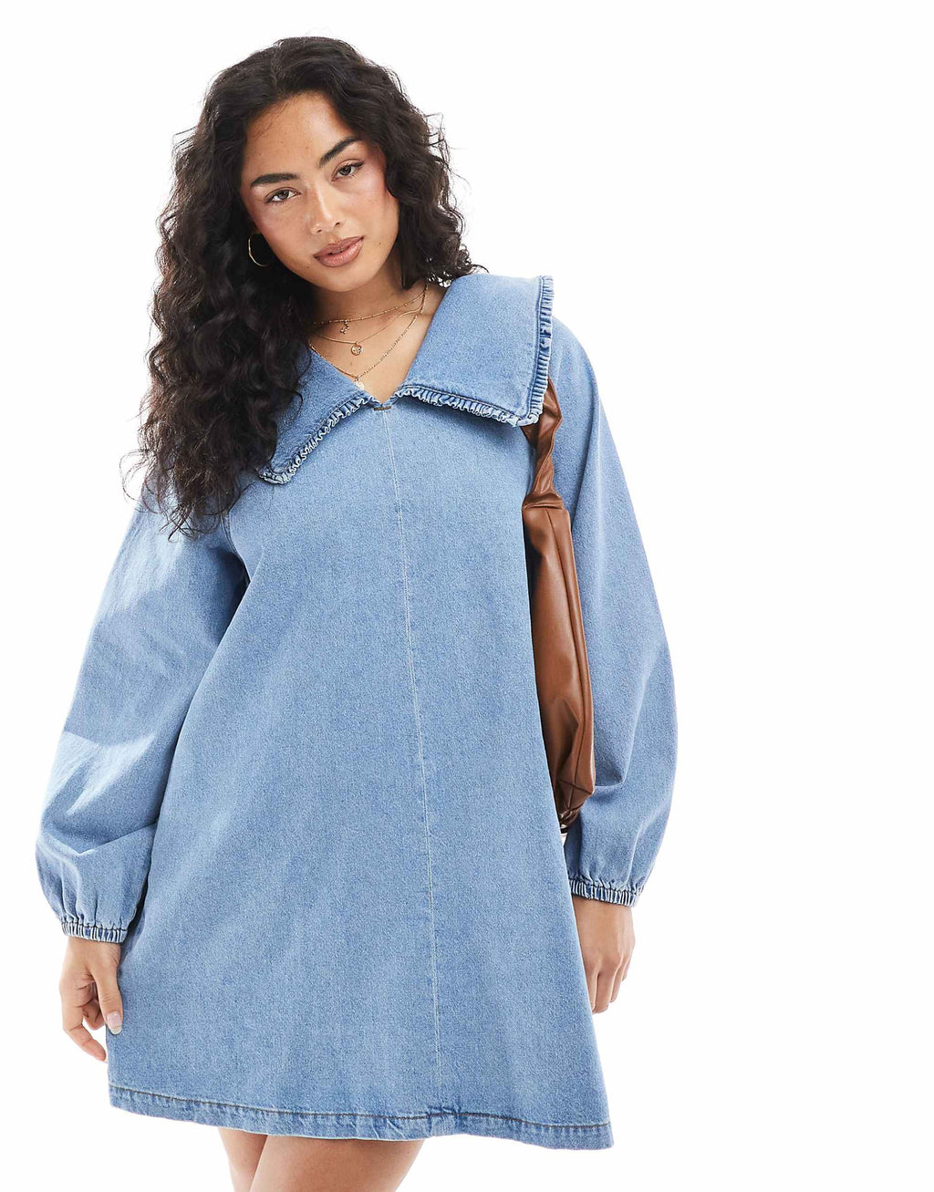ASOS DESIGN denim mini dress with oversized ruffle collar in mid blue