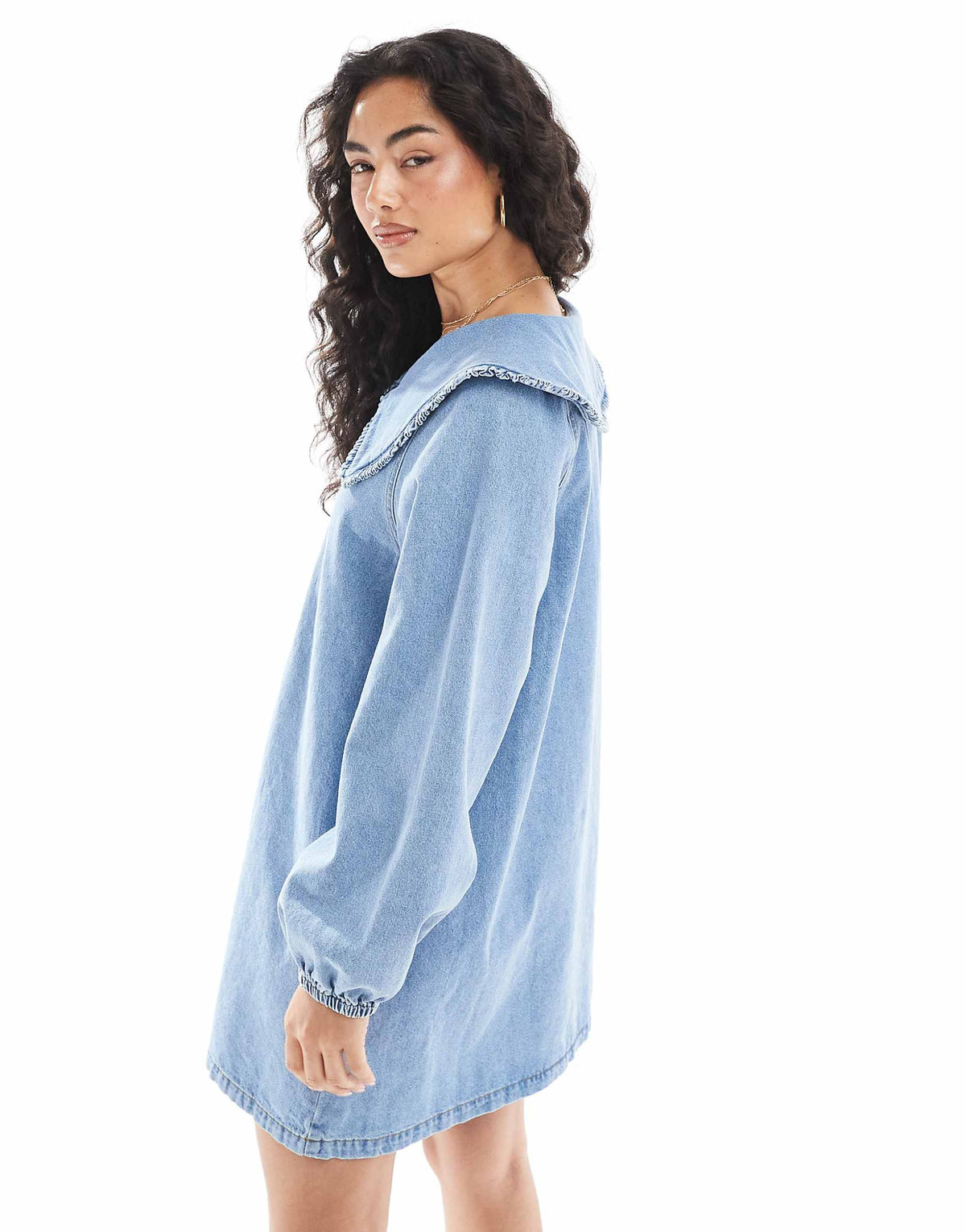 ASOS DESIGN denim mini dress with oversized ruffle collar in mid blue