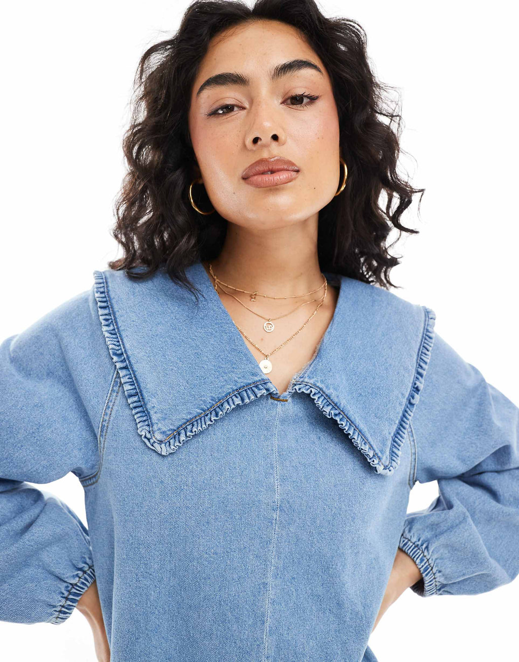 ASOS DESIGN denim mini dress with oversized ruffle collar in mid blue