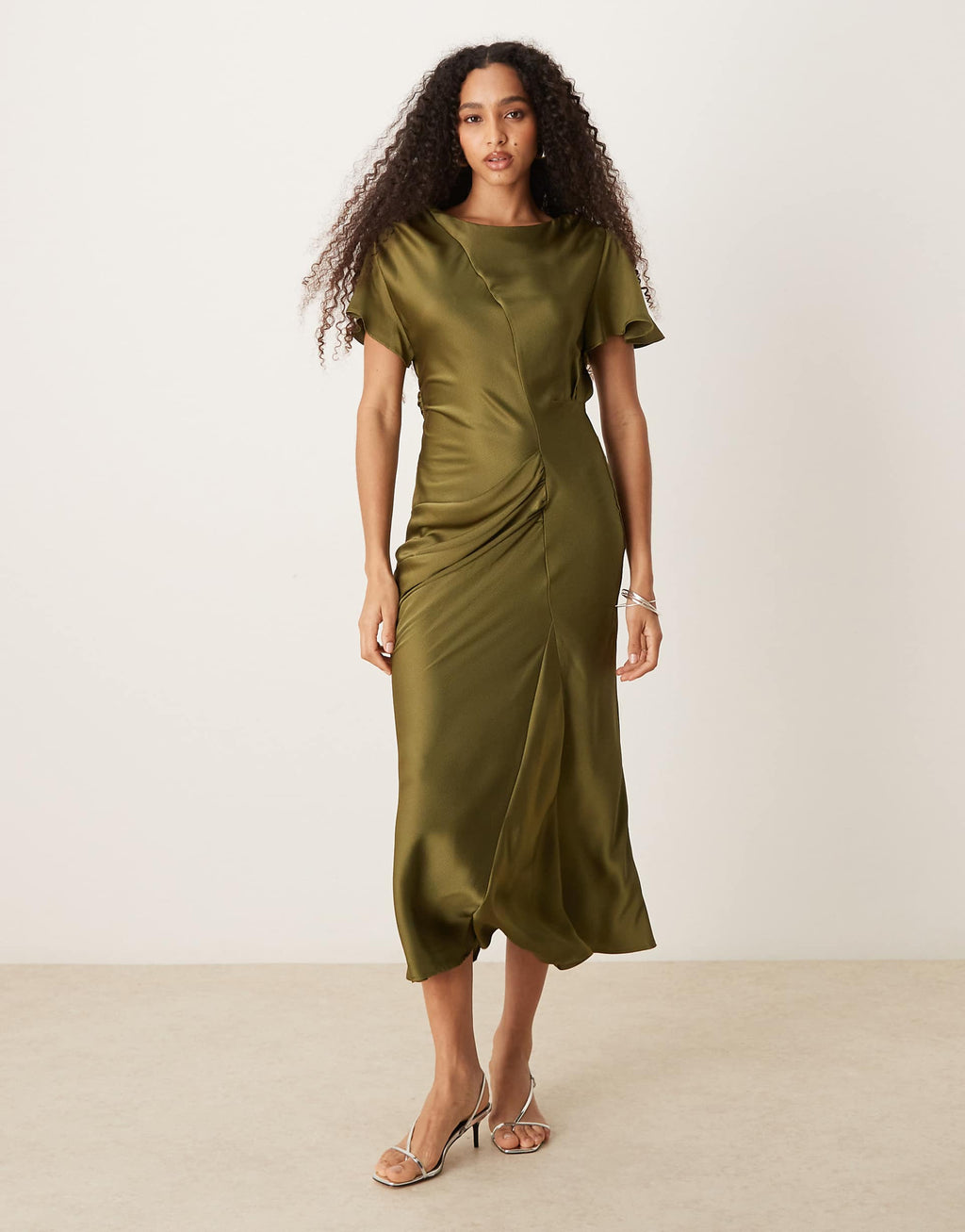 ASOS DESIGN flutter sleeves satin maxi dress in olive