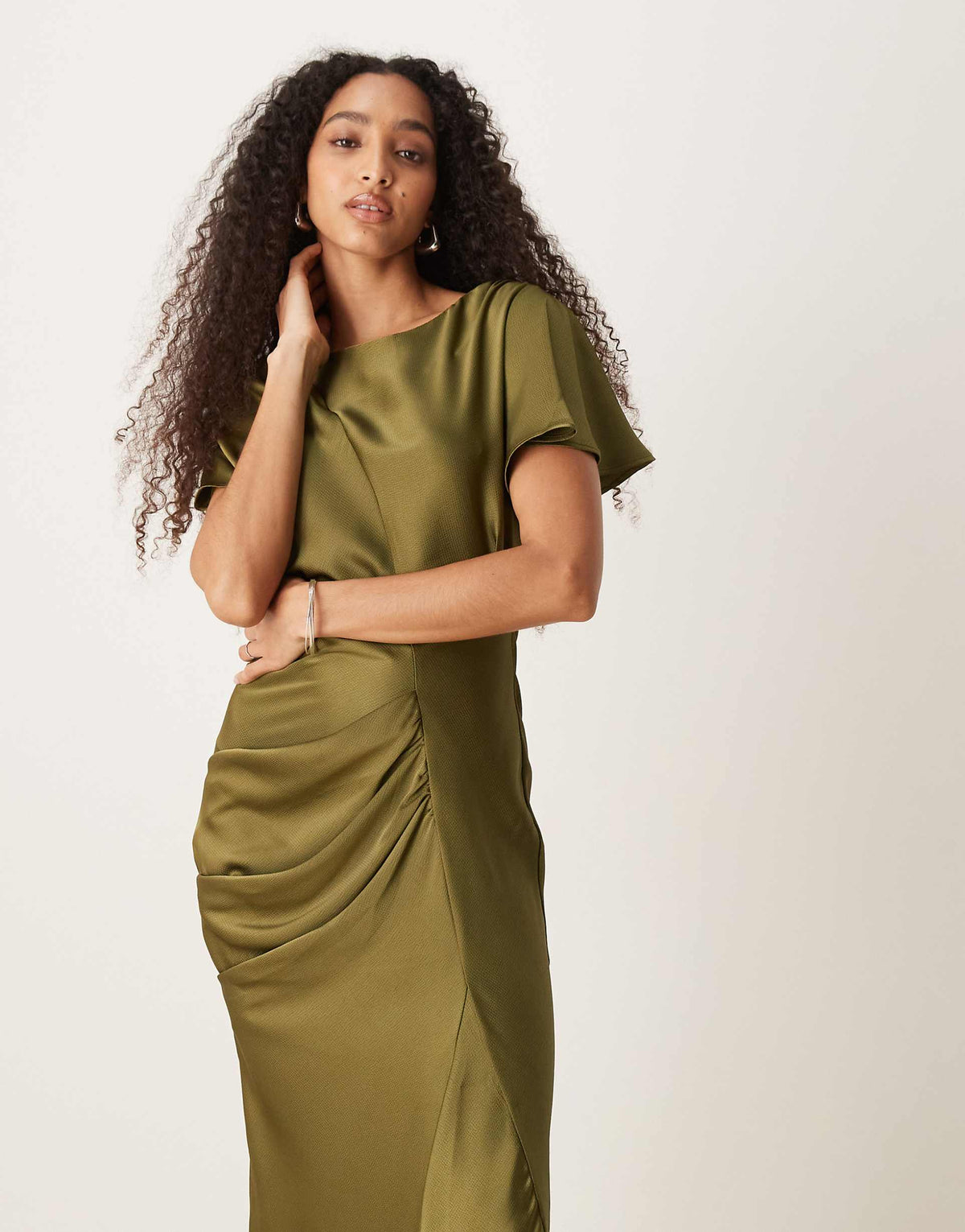 ASOS DESIGN flutter sleeves satin maxi dress in olive