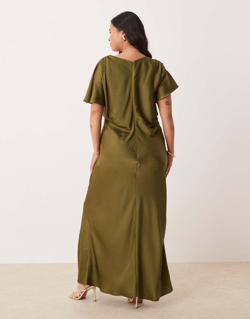 ASOS DESIGN Curve satin flutter sleeves maxi dress in olive