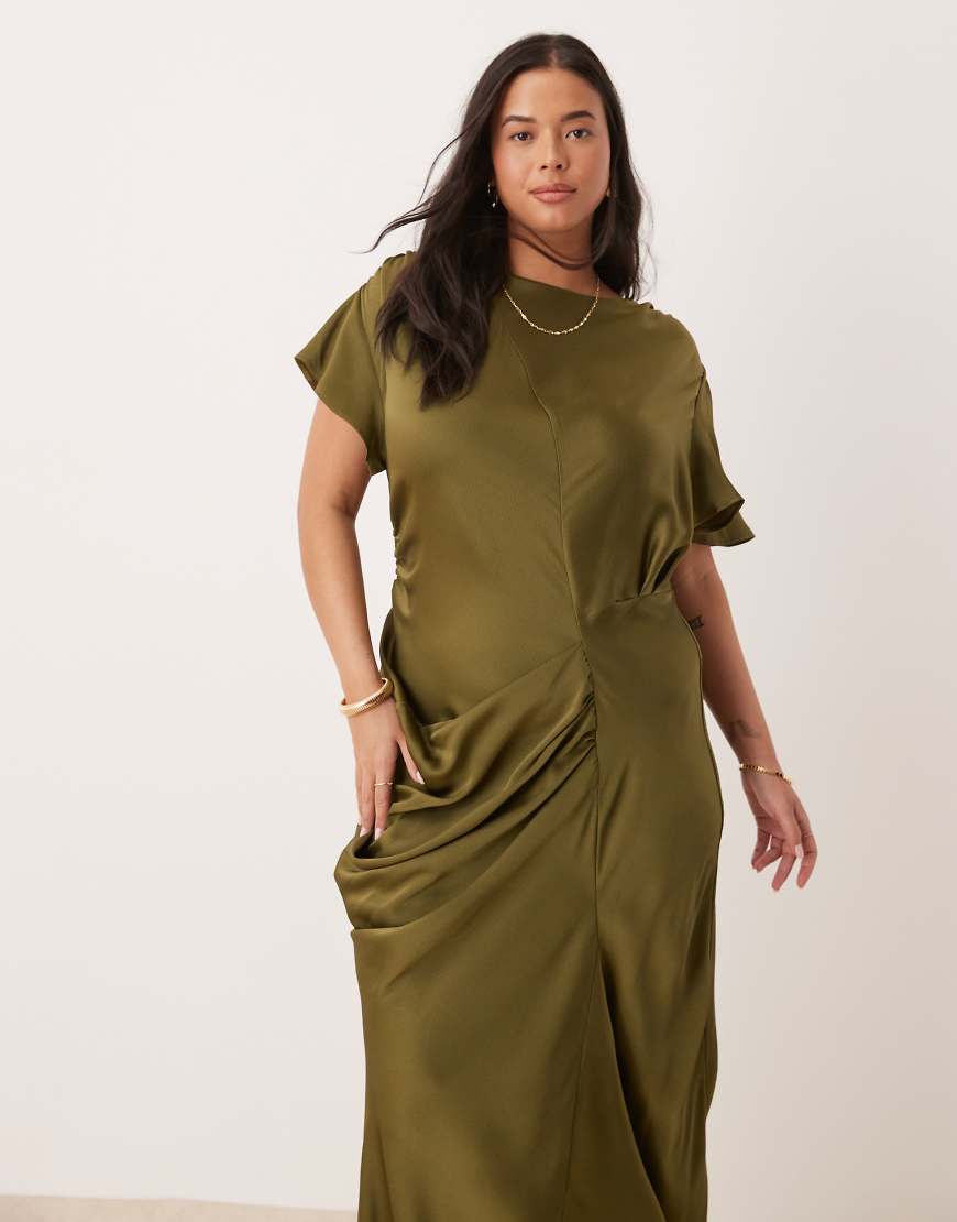 ASOS DESIGN Curve satin flutter sleeves maxi dress in olive