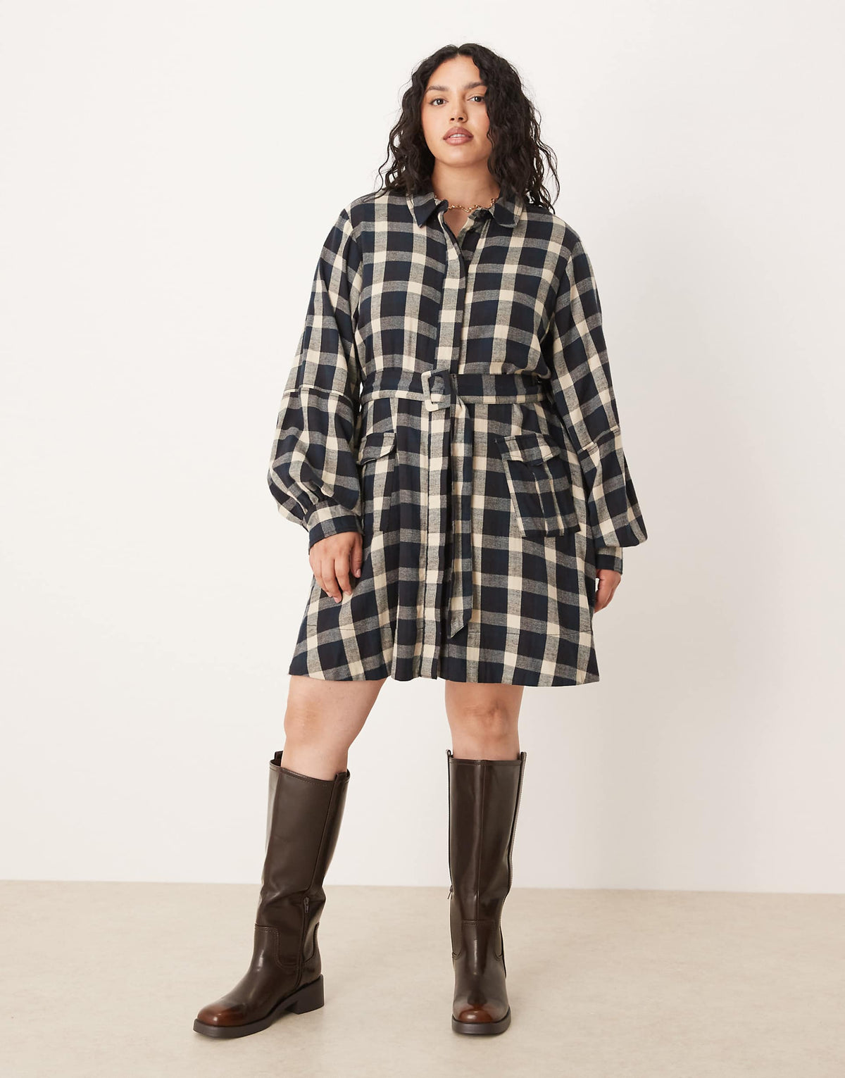 ASOS DESIGN Curve shirt mini dress with belt in black and tan plaid